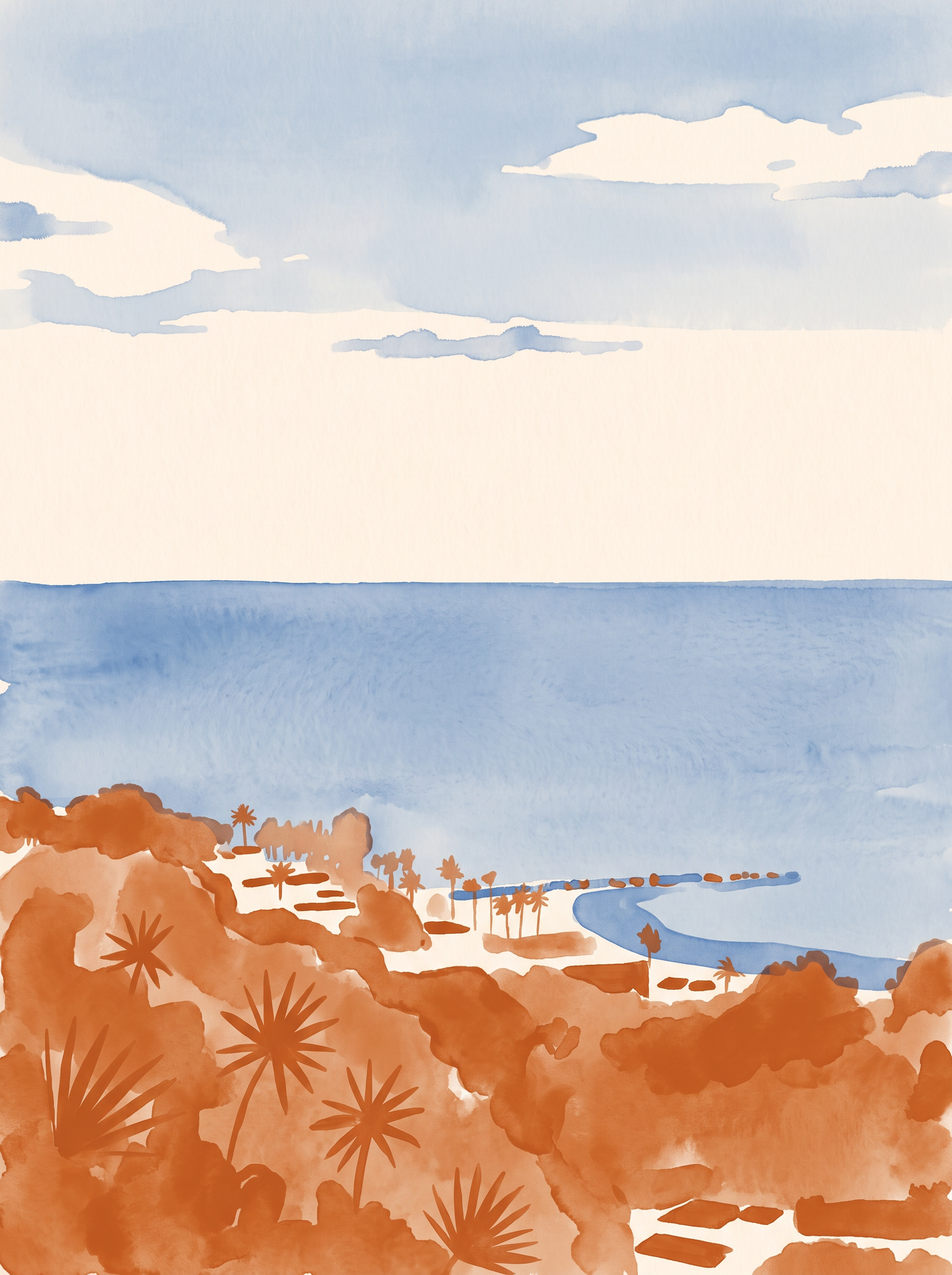 Watercolor painting of the view over the sea and coastline of Benicàssim