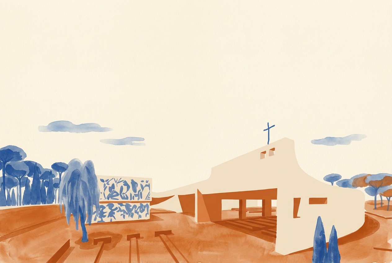 Illustration of the white ceremony chapel and mural among orange trees